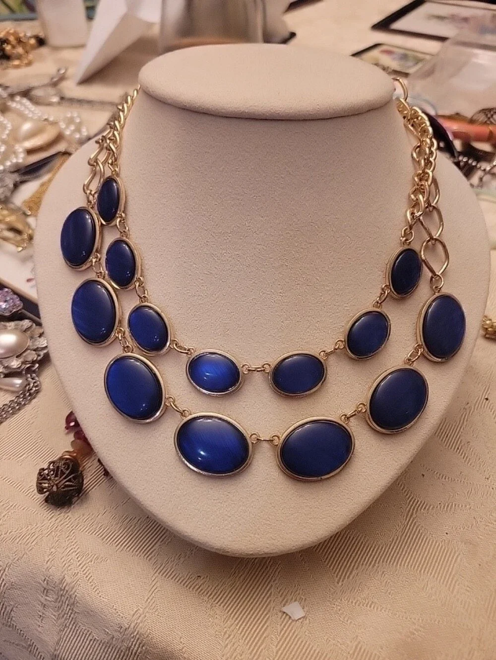 Gold Tone Cobalt Blue Oval Gemstone Layered Necklace Vintage Retro